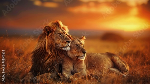 A pair of lions resting in the grass at sunset