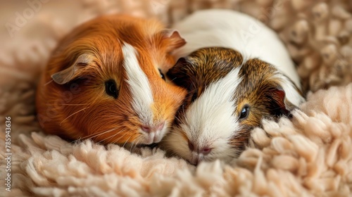 A pair of guinea pigs cuddling in their bedding