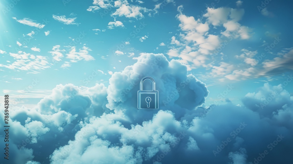 A padlock with a digital key unlocking a cloud formation, symbolizing ...