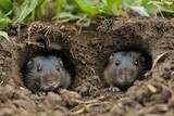 Two moles peeking out from their holes