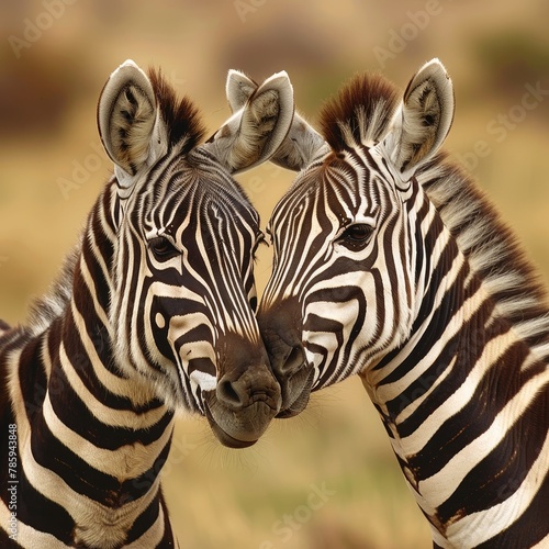 Two zebras rubbing noses affectionately