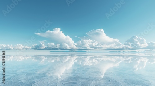 A panoramic view of a salt flat stretching out to the horizon. The sky is a clear blue  with perfect reflections of the clouds on the wet salt surface.