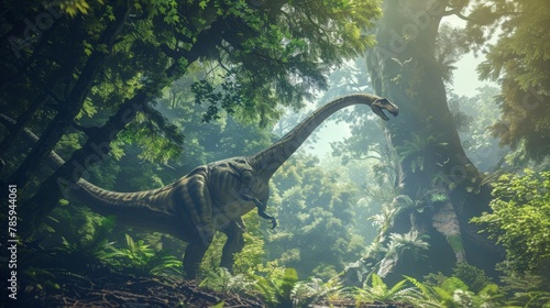A peaceful scene of a Brachiosaurus with a long neck reaching for leaves on a towering tree.