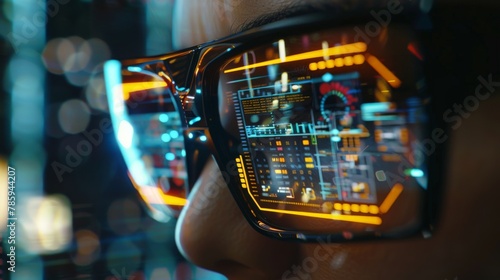 A person wearing augmented reality glasses, interacting with digital information superimposed on the real world.
