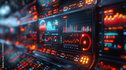A 3D illustration of a digital stock market dashboard with glowing graphs and data analytics, set in a futuristic control room