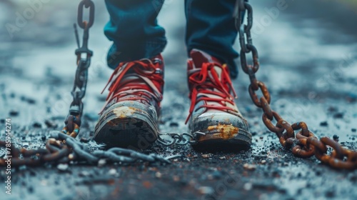 A person with weights chained to their legs, struggling to walk forward, symbolizing the feeling of being bogged down by stress and workload. photo