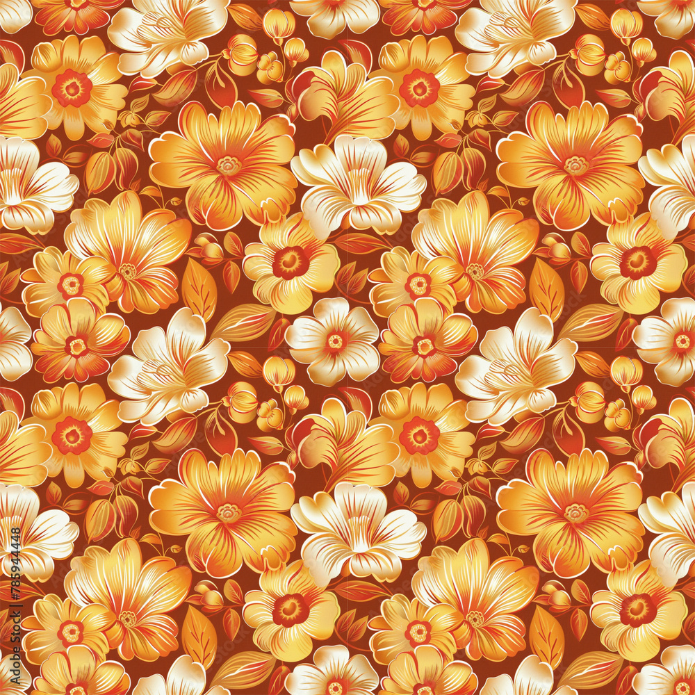 Floral orange color, form natural, seamless fabric pattern.