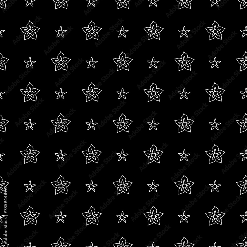 Seamless pattern with simple monochrome chinoiserie stile small flowers. Hand drawn floral wallpaper.