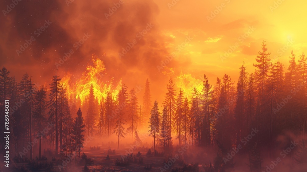 A raging wildfire burning through a forest, smoke billowing into a hazy orange sky, representing the increased risk of wildfires due to global warming.