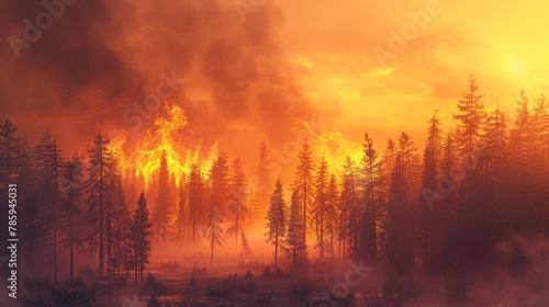 A raging wildfire burning through a forest, smoke billowing into a hazy orange sky, representing the increased risk of wildfires due to global warming.