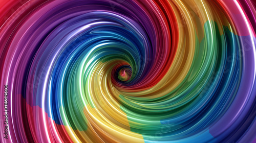 Spiraling 3D rainbow bands create an energetic vortex of blending colors.