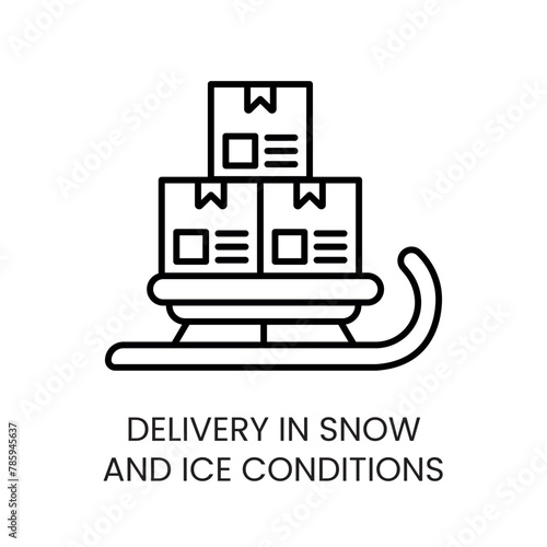 Sled delivery in snow and ice conditions, vector line icon with editable stroke