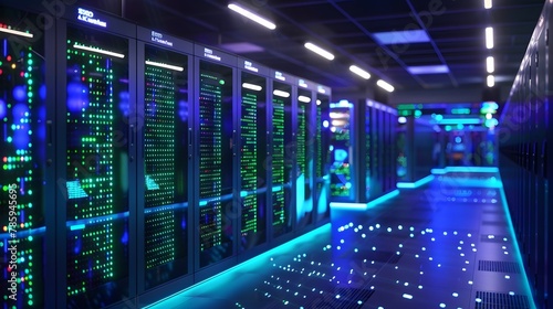 High Tech server room with advanced data center technology. The scene includes rows of large computer. This design symbolizes modern tech innovation in cloud computing and security services.