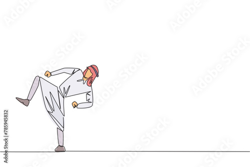 Single one line drawing Arabian businessman doing taekwondo movements. Kicking motion. Strong legs. Keeping business with sport. Keep healthy stay strong. Continuous line design graphic illustration