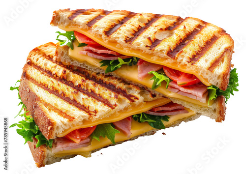 Grilled cheese and ham sandwich isolated on transparent background