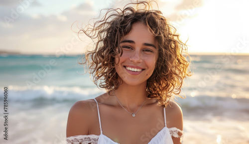portrait of beautiful woman with curly hair in white dress smiling on the beach