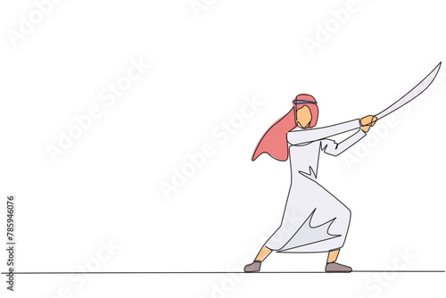 Single continuous line drawing Arab businessman holding samurai. Stylized like samurai athlete guarding the business. Prepared to eliminate disrupt business growth. One line design vector illustration