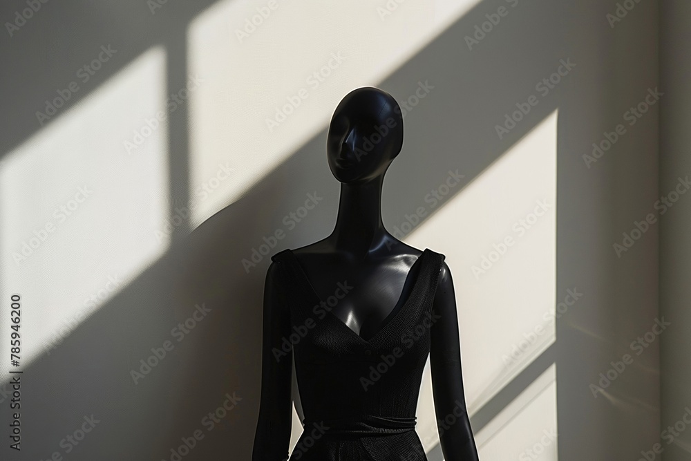 Mannequin shows off a slim-fit dress in a minimalist style. Decorate with a chic cocktail dress.