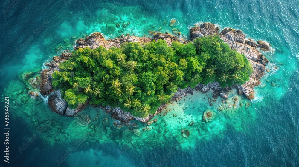 Elevate your perspective to witness the untamed beauty of a tropical paradise, drone view