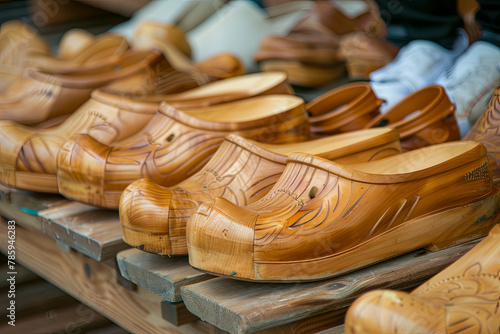 Wooden clogs for sale at market photo