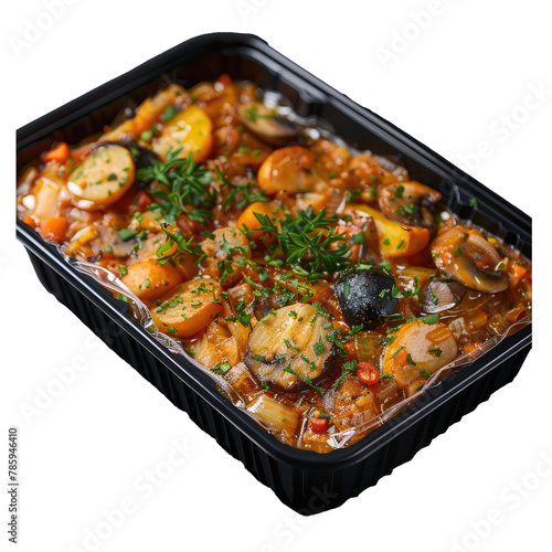brazilian food, with a lid in a black plastic container