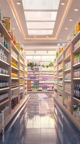 Warm,Inviting Aisle of Innovative Skincare Products in a Pristine Modern Drugstore