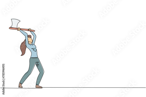 Continuous one line drawing young businesswoman swinging an axe. Style like a lumberjack. Strong. Muscular. Powerful. Sports for physical health. Awareness. Single line draw design vector illustration