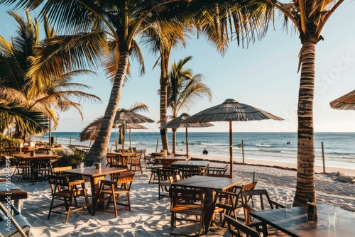 A beachside cafe   with panoramic ocean views  palm trees swaying in the breeze  and umbrella-shaded tables offering a relaxed coastal vibe  Generative AI