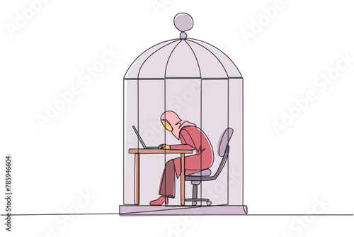 Single continuous line drawing Arabian businesswoman trapped in cage working on laptop. Plan to take annual leave to get away from routine. Workaholic. Overtime. One line design vector illustration