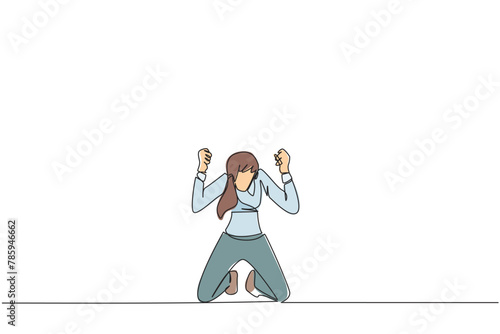 Single one line drawing businesswoman kneeling like praying. Lost hope. Businesses will bankrupt if fail to get bona fide clients. Gesture of surrender. Continuous line design graphic illustration