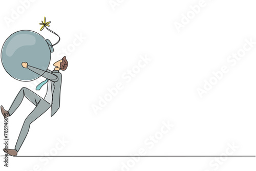 Single continuous line drawing young businessman carrying a bomb with a burning fuse. The concept of keeping danger away from the business environment to survive. One line design vector illustration