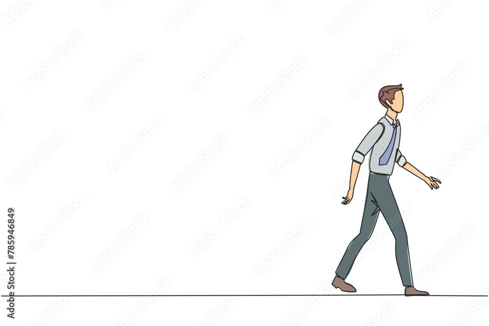 Single continuous line drawing young businessman walking to canteen to break and lunch. Taking time for a while to hone ideas back into brilliant ideas. Success. One line design vector illustration Single continuous line drawing young businessman walking to canteen to break and lunch. Taking time for a while to hone ideas back into brilliant ideas. Success. One line design vector illustration
