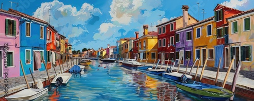 A panoramic view capturing the vividly colored houses lining the tranquil canals. reflecting the Italian island's charm. © amazingfotommm