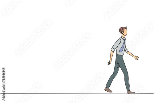 Single continuous line drawing young businessman walking to canteen to break and lunch. Taking time for a while to hone ideas back into brilliant ideas. Success. One line design vector illustration