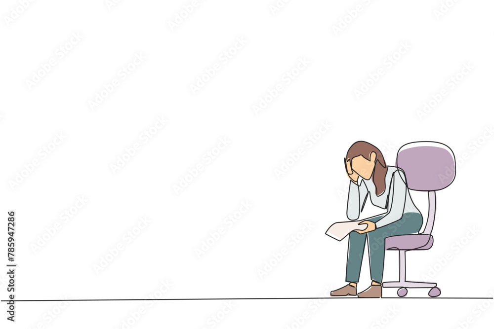 Single continuous line drawing sad businesswoman sit limply in a chair. Pensively holding a piece of bill paper. The large of receivables, business will collapse. One line design vector illustration Single continuous line drawing sad businesswoman sit limply in a chair. Pensively holding a piece of bill paper. The large of receivables, business will collapse. One line design vector illustration