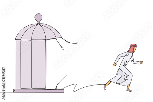 Single one line drawing Arabian businessman trapped in the cage running through the cage. Metaphor penetrates the maximum limit of self. Desire to succeed. Continuous line design graphic illustration