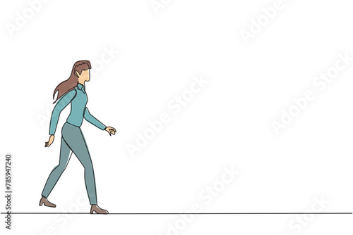 Single continuous line drawing young businesswoman walking to canteen to break and lunch. Taking time for a while to hone ideas back into brilliant ideas. Success. One line design vector illustration