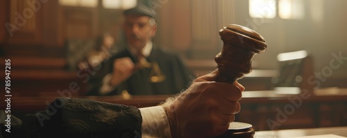 A dramatic courtroom scene focusing on a judge's gavel being held, symbolizing justice and authority.