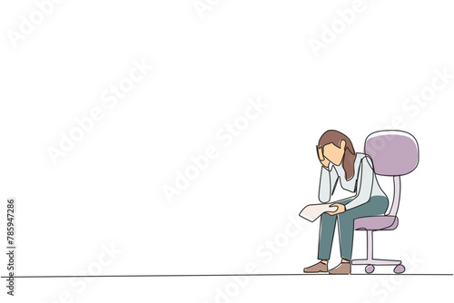 Single continuous line drawing sad businesswoman sit limply in a chair. Pensively holding a piece of bill paper. The large of receivables, business will collapse. One line design vector illustration