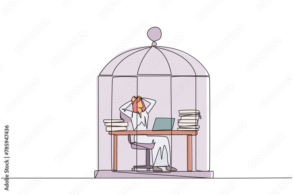 Single one line drawing Arab businessman trapped in cage sitting on office chair holding head. Being in a routine trap. Tired and irritated with the daily grind. Continuous line design illustration Single one line drawing Arab businessman trapped in cage sitting on office chair holding head. Being in a routine trap. Tired and irritated with the daily grind. Continuous line design illustration