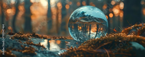 Crystal ball in forest reflecting sunlight. copy space for text.