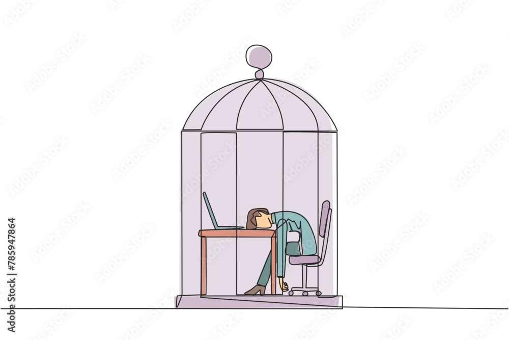 Continuous one line drawing businesswoman trapped in cage asleep on laptop. Tired of repetitive routines. The many deadlines require overtime every day. Single line draw design vector illustration Continuous one line drawing businesswoman trapped in cage asleep on laptop. Tired of repetitive routines. The many deadlines require overtime every day. Single line draw design vector illustration
