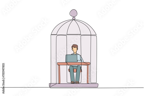 Continuous one line drawing businessman trapped in cage sitting and typing on laptop computer. Tiring routine. Unhappy businessman with the many deadline. Single line draw design vector illustration