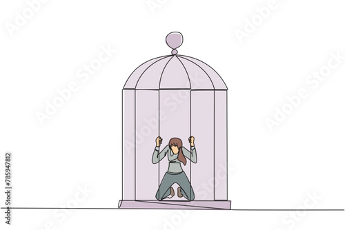 Single continuous line drawing businesswoman trapped in cage kneeling holding iron bars. Framed by business partner. Have to bear all the consequences. Unfair. One line design vector illustration