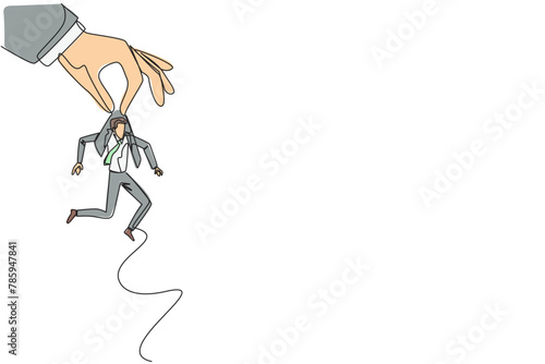 Single one line drawing big hand holding businessman. Workplace moving metaphor. Position transfer. Level up. Have bigger responsibilities. Successful. Continuous line design graphic illustration