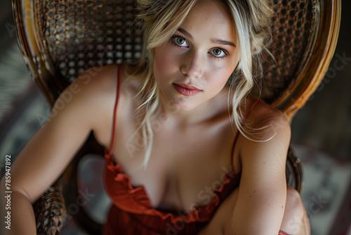 Blond beauty sitting on a chair photo