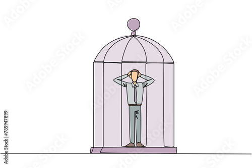 Single continuous line drawing businessman trapped in cage standing frustrated holding head. Anxiety caused can not move freely. Confined. Imprisoned. Can't work. One line design vector illustration