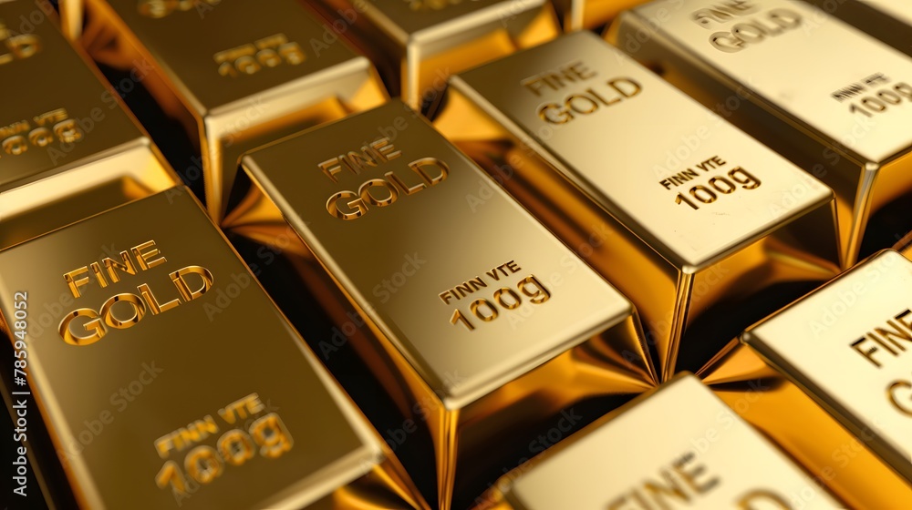 A pile of gold bars with the words FINE GOLD engraved on them, arranged neatly in rows and columns.