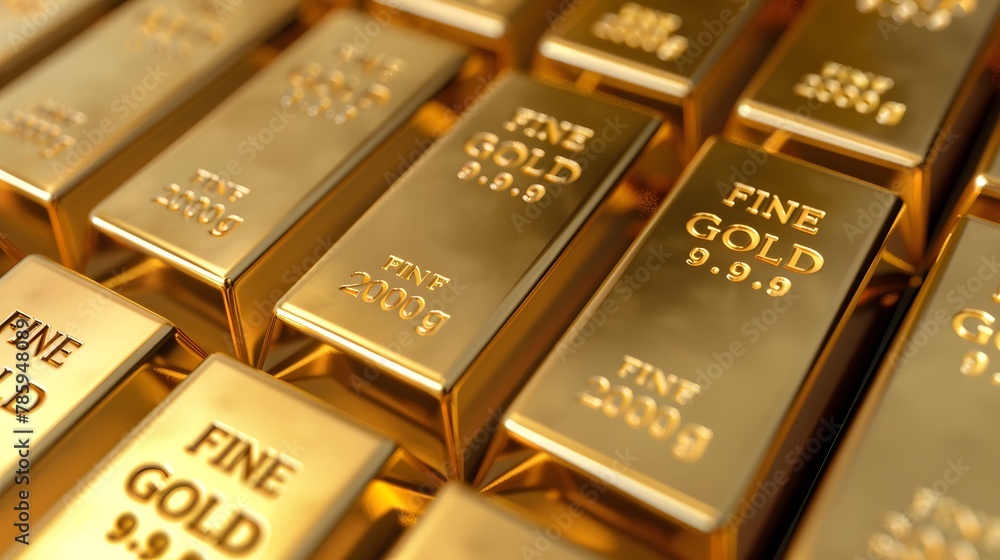 A pile of gold bars with the words FINE GOLD engraved on them, arranged neatly in rows and columns. A pile of gold bars with the words FINE GOLD engraved on them, arranged neatly in rows and columns.