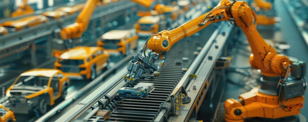 Robotic arms actively engaged in manufacturing, intricate technology within a bright industrial space. Robotic arms actively engaged in manufacturing, intricate technology within a bright industrial space.